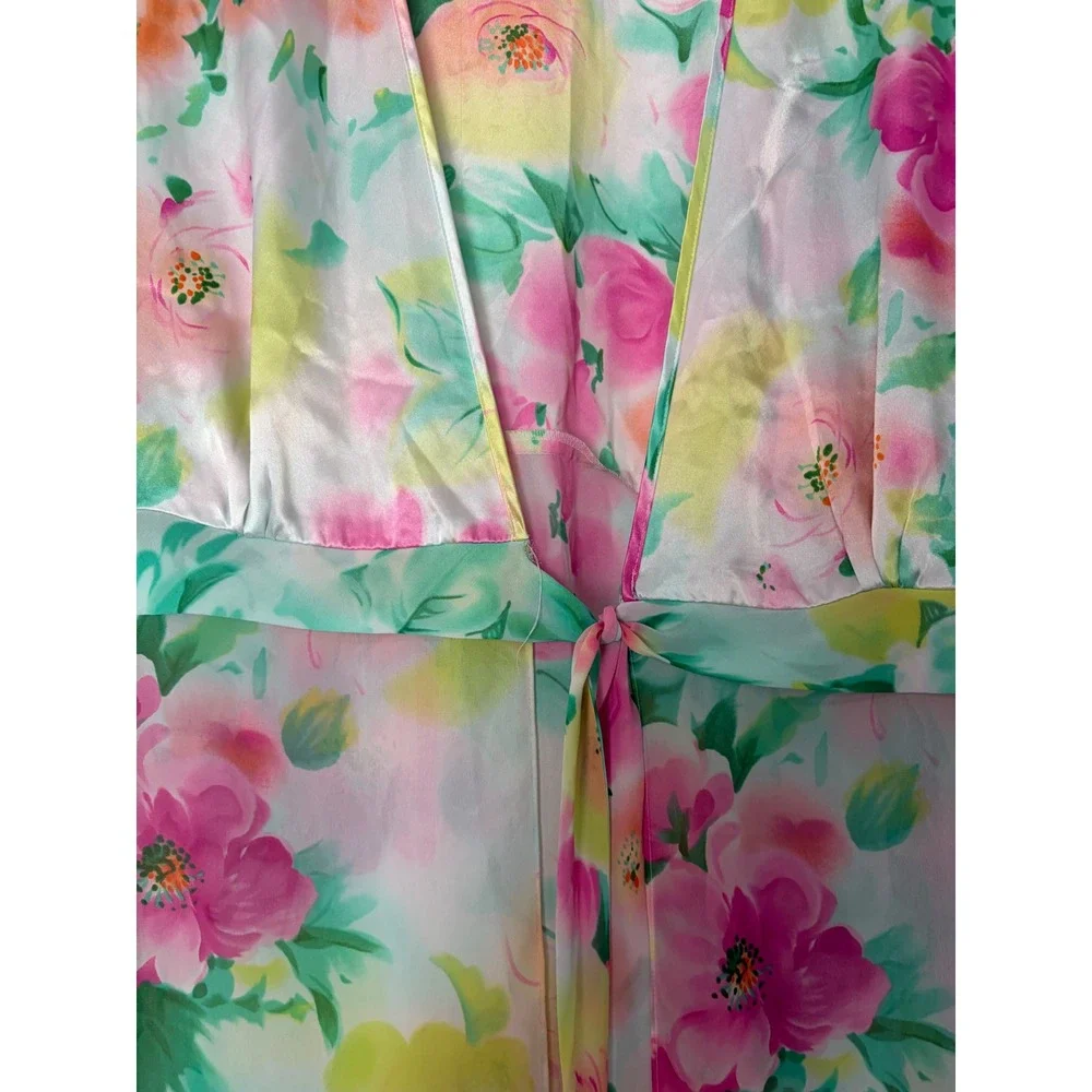 Delicates Vintage Floral Maxi Robe Sheer Chiffon Satin Tie Front Pink XL/XG Soft
